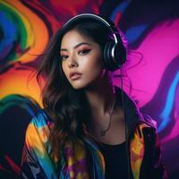 Portrait of men and women of different races, skin colors and hair colors in headphones listening to music on a neon background. photo