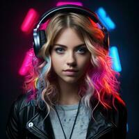 Portrait of men and women of different races, skin colors and hair colors in headphones listening to music on a neon background. photo