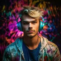 retrato de hombres y mujer de diferente Razas, piel colores y pelo colores en auriculares escuchando a música en un neón antecedentes. foto