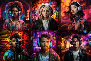 Portrait of men and women of different races, skin colors and hair colors in headphones listening to music on a neon background. photo