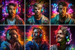 Portrait of men and women of different races, skin colors and hair colors in headphones listening to music on a neon background. photo