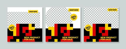 Set of Editable minimal square banner template. Black, red and yellow background color with stripe line shape. Suitable for social media post and web internet ads. vector