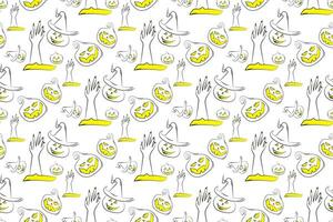Seamless pattern with Halloween pumpkins and ghosts on white background. Vector illustration.