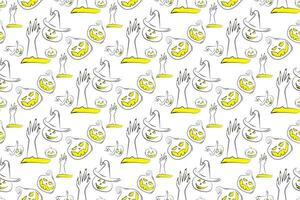 Seamless pattern with Halloween pumpkins and ghosts on white background. Vector illustration.