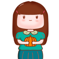 Drawing of a girl with bangs holding a pumpkin to welcome Halloween and autumn. png