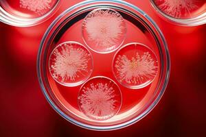 Petri dish with growing virus cultures isolated on a gradient red background photo