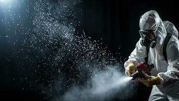 Urban health worker spraying disinfectant isolated on a gradient grey background photo
