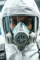 Scientist wearing protective gear in laboratory isolated on a white background photo