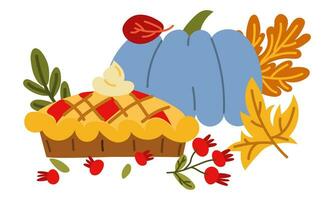 Bright blue pumpkin with cherry pie, leaves and berries, flat vector illustration on a white background Printing on paper and textiles for the holidays Thanksgiving day the beginning of autumn harvest