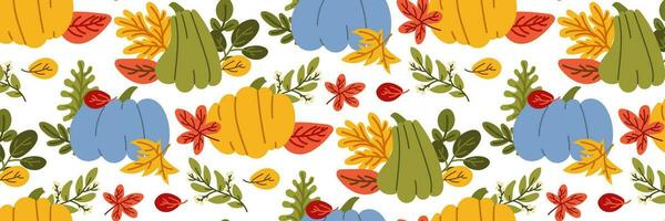 Autumn seamless pattern with colored pumpkins and leaves on a white background. Festive texture for gift wrapping. Thanksgiving, harvest festival, autumn Bright vector flat illustration for a web page