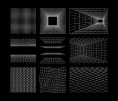 Perspective grids. Retro futuristic wireframes, cyberpunk net space. Perspective lines vanishing point rectangular space. Seamless checkered isometric grid pattern. Isolated vector set