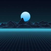 Grid mountain. Wire hills 80s video game line style, wireframe landscape futuristic wallpaper. Vector mountains with sun mesh structure panorama