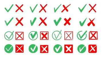 Green and red check marks. Cross and tick elements check list, yes or no checking indicators, right or wrong answers icon on white background. Vector set