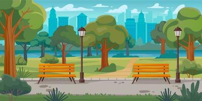 City park. Public alley walkway with green trees, wooden bench and parks lanterns. Panoramic landscape with urban background vector illustration