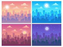 Daytime cityscape. Morning town, afternoon city, evening skyscape and night urban background. Different time of day vector illustration set