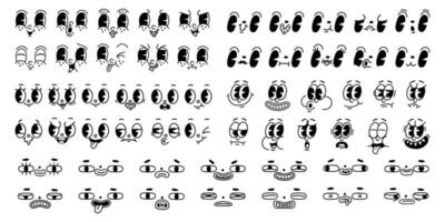 Cartoon 1930-s retro faces. Vintage emotional face, old style funny eyes and mouth, different facial expression on white background. Vector set