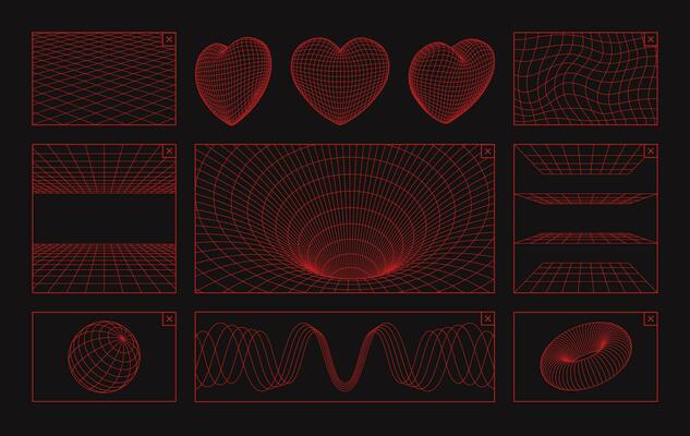 Grid 3d symbols. Future poster wireframe 90s elements. Neon geometric meshes, futuristic y2k line patterns, heart and wave cyberpunk shape editable stroke paths. Vector set