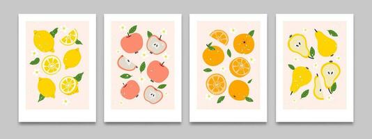 Abstract flat posters with fruit. Cartoon poster with tropical appetizing citrus, organic berry, fresh pear and apple, sweat peach on background. Vector set