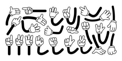 Cartoon hands in gloves. Funny retro mascot hand gestures and comic vintage arm character in expression poses. Palm and finger action. Vector set