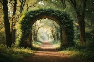 Natural archway shaped by branches in the forest. AI generated photo