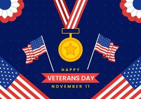 contento veteranos día vector ilustración en 11 noviembre con Estados Unidos bandera y soldados para honrando todas quien servido en plano niños dibujos animados antecedentes