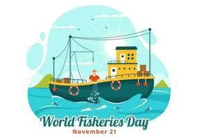 World Fisheries Day Vector Illustration of Fisherman with Fishing Rod on Boat at the Sea to Protecting Aquatic Ecosystems and Preserving Biodiversity