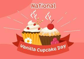 National Vanilla Cupcake Day Vector Illustration on 10 November of Cupcakes with Strawberry and Vanilla Cream in Flat Cartoon Pink Background Design