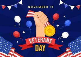 contento veteranos día vector ilustración en 11 noviembre con Estados Unidos bandera y soldados para honrando todas quien servido en plano niños dibujos animados antecedentes