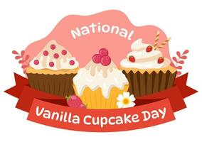 National Vanilla Cupcake Day Vector Illustration on 10 November of Cupcakes with Strawberry and Vanilla Cream in Flat Cartoon Pink Background Design