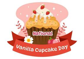 National Vanilla Cupcake Day Vector Illustration on 10 November of Cupcakes with Strawberry and Vanilla Cream in Flat Cartoon Pink Background Design