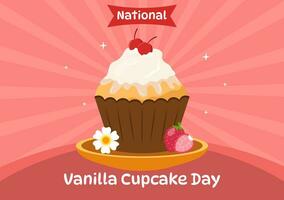 National Vanilla Cupcake Day Vector Illustration on 10 November of Cupcakes with Strawberry and Vanilla Cream in Flat Cartoon Pink Background Design