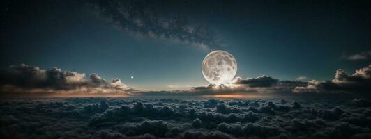 romántico Luna en estrellado noche terminado nubes ai generado foto