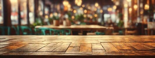 Empty old wood table top and blurred bokeh cafe and coffee shop interior background with vintage filter - can used for display or montage your products.. AI generated photo