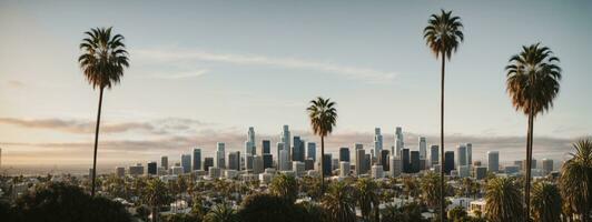 Los Angeles skyline with palm trees in the foreground. AI generated photo