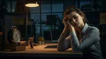 Realistic portrayal Depressed Woman in the Office. Reflects Workplace Stress photo