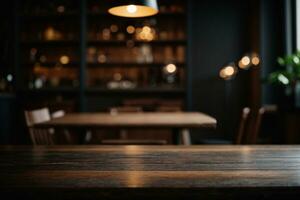 Wooden table with dark blurred background.. AI generated photo