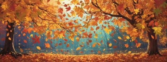 Autumn colorful bright leaves swinging in a tree in autumnal park. Autumn colorful background, fall backdrop. AI generated photo