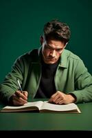 Focused immigrant studying new language isolated on a green gradient background photo