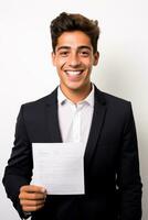 Smiling immigrant holding a successful visa application isolated on a white background photo