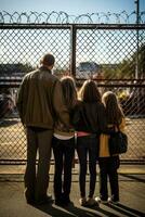 Embracing family at detention center gates heartfelt background with empty space for text photo