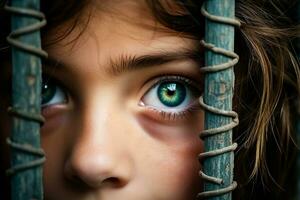 Youthful eyes peering through border fences dramatic background with empty space for text photo