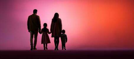 Resilient refugee family looking forward isolated on a dusky gradient background photo