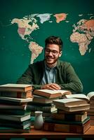 Focused immigrant studying new language isolated on a green gradient background photo