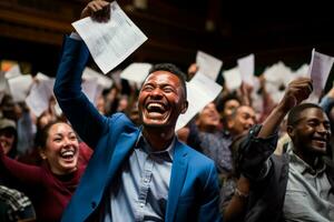 Joyful immigrants holding citizenship papers tears and laughter of relief photo