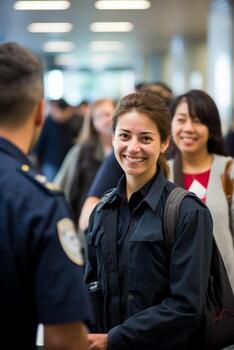 Smiling faces at immigration checkpoint crisp background with empty space for text photo
