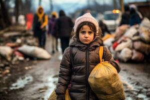 niños agarrando querido pertenencias cruce fronteras en buscar de la seguridad foto