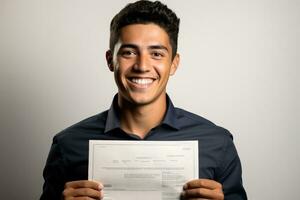 Smiling immigrant holding a successful visa application isolated on a white background photo