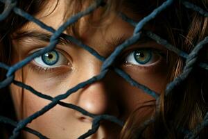 Youthful eyes peering through border fences dramatic background with empty space for text photo