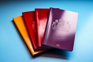 Diverse passports and immigration forms isolated on a multicolored gradient background photo