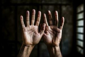 Hand reaching out from behind bars desolate background with empty space for text photo